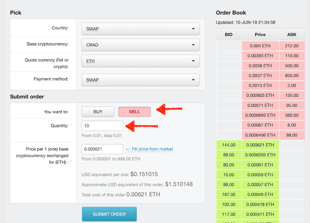 sell CRAD for ETH