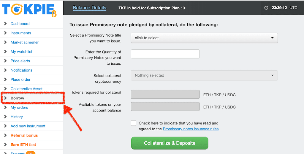 Tokpie exchange platform toolbar with a highlighted Borrow section
