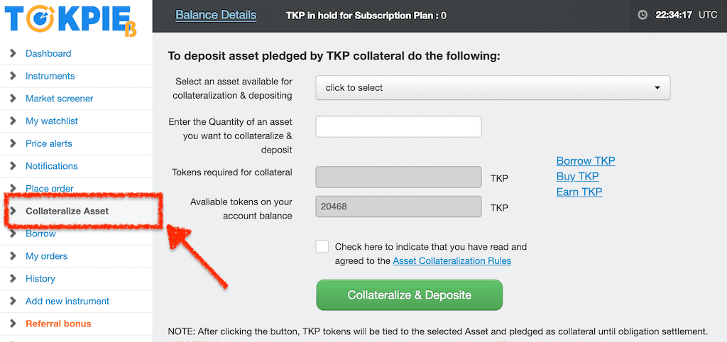 Tokpie exchange platform toolbar with a highlighted Collateralize Asset section