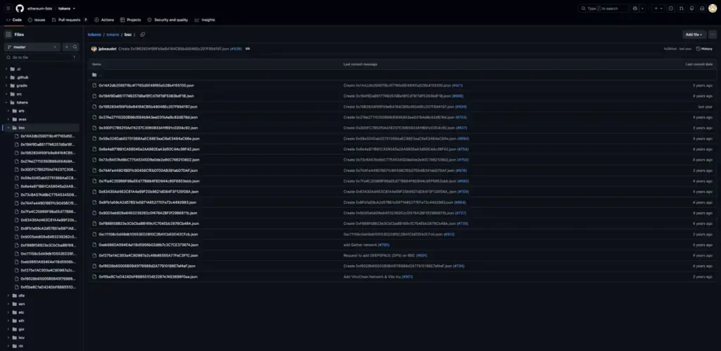 BNB Smart Chain token directory in the Ethereum Lists GitHub repository
