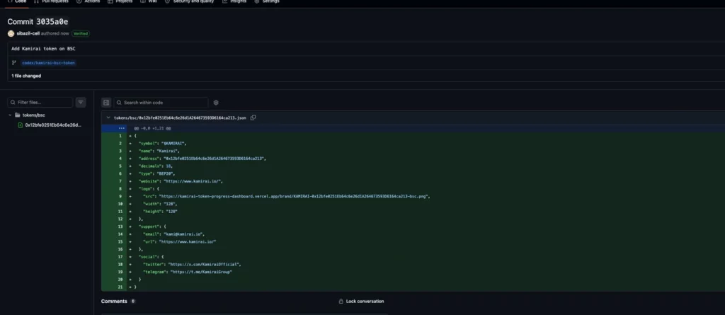 GitHub commit containing one checksum-named BSC token JSON file