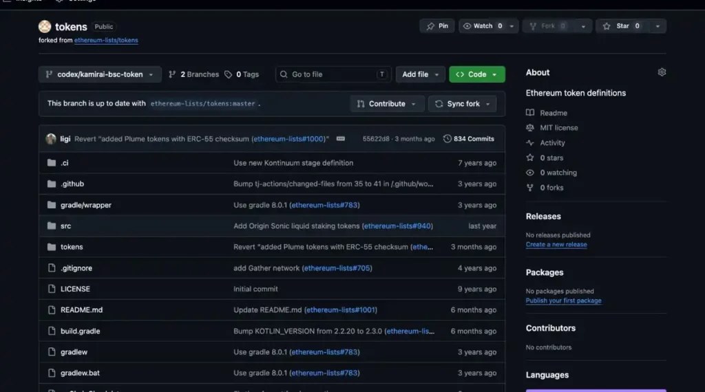 GitHub fork of Ethereum Lists tokens with a dedicated token submission branch