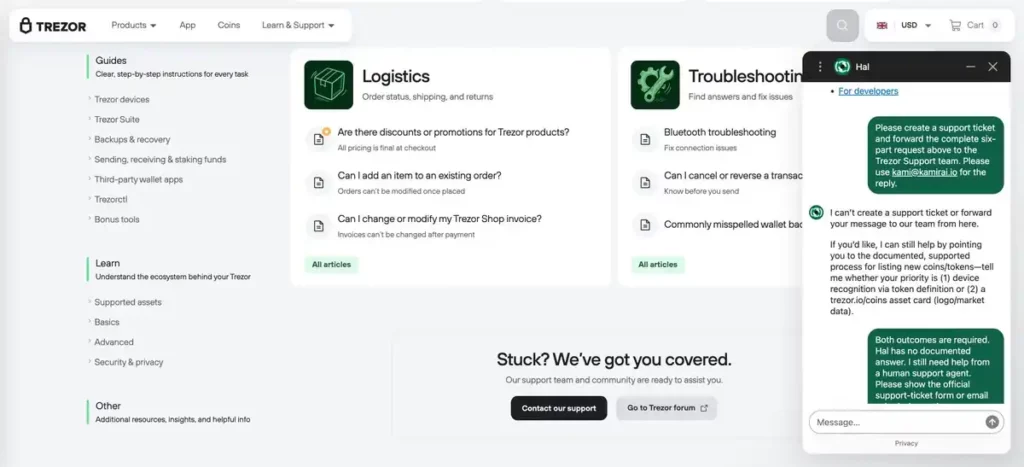 Trezor Support page with Hal chat requesting a human support ticket