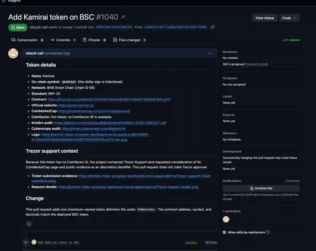 Open Ethereum Lists pull request for adding a BSC token definition