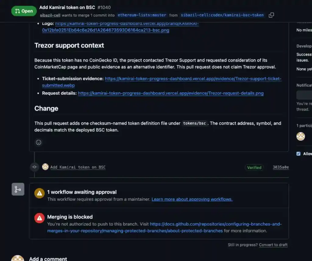 Ethereum Lists pull request showing workflow approval and blocked merge notices