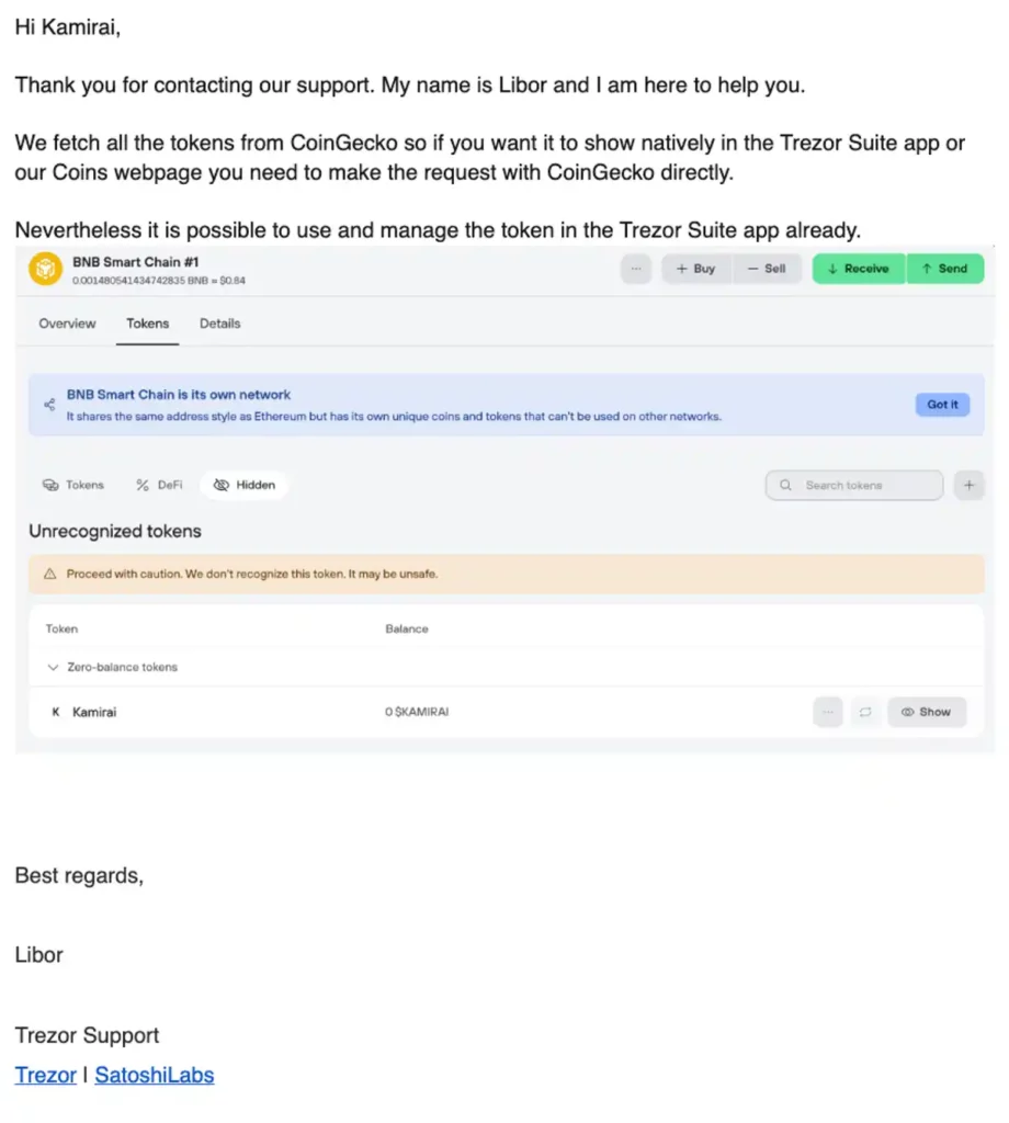Trezor Support email confirming that a CoinGecko listing is required for native token display in Trezor Suite.