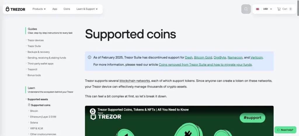 Trezor Supported coins page explaining supported blockchain networks and tokens