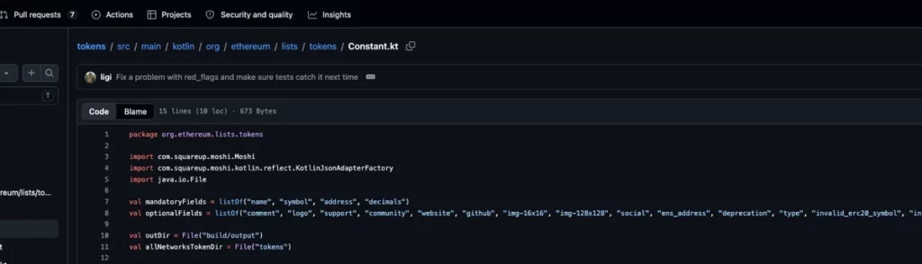 Ethereum Lists token JSON required and optional fields in Constant.kt