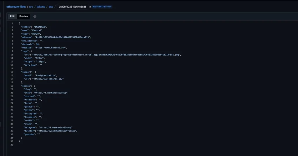 GitHub editor showing a BEP20 token JSON file inside the MEW BSC directory