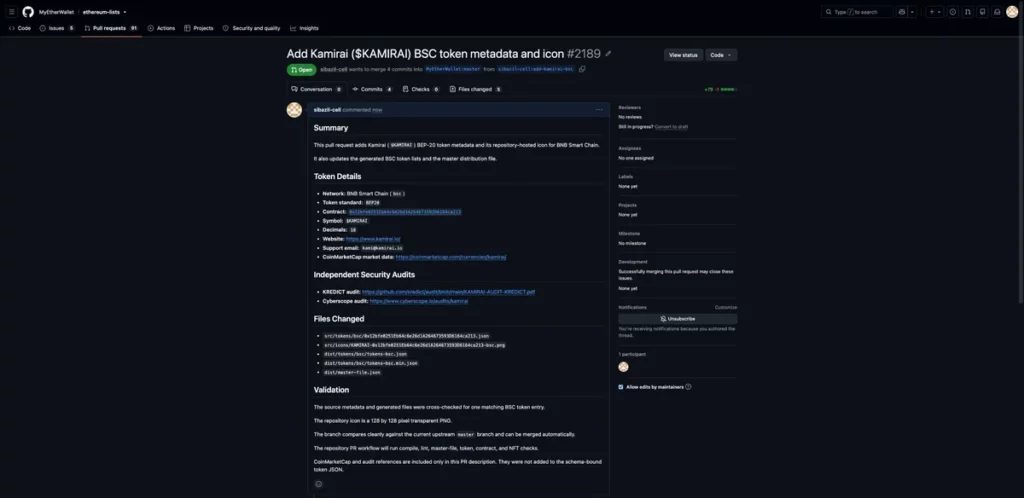 MEW GitHub pull request number 2189 for adding BNB Smart Chain token metadata, logo, and generated files
