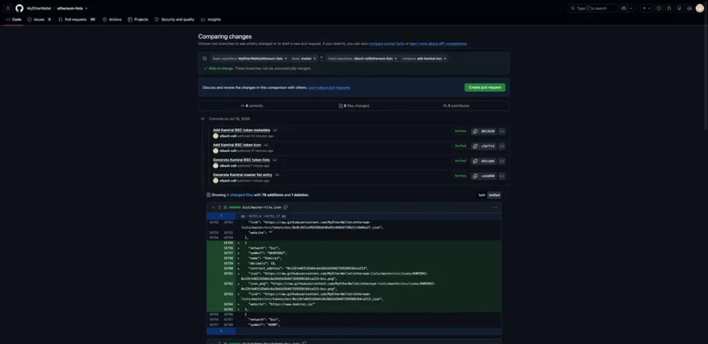 GitHub comparison showing generated MEW BSC distribution files and the master list update