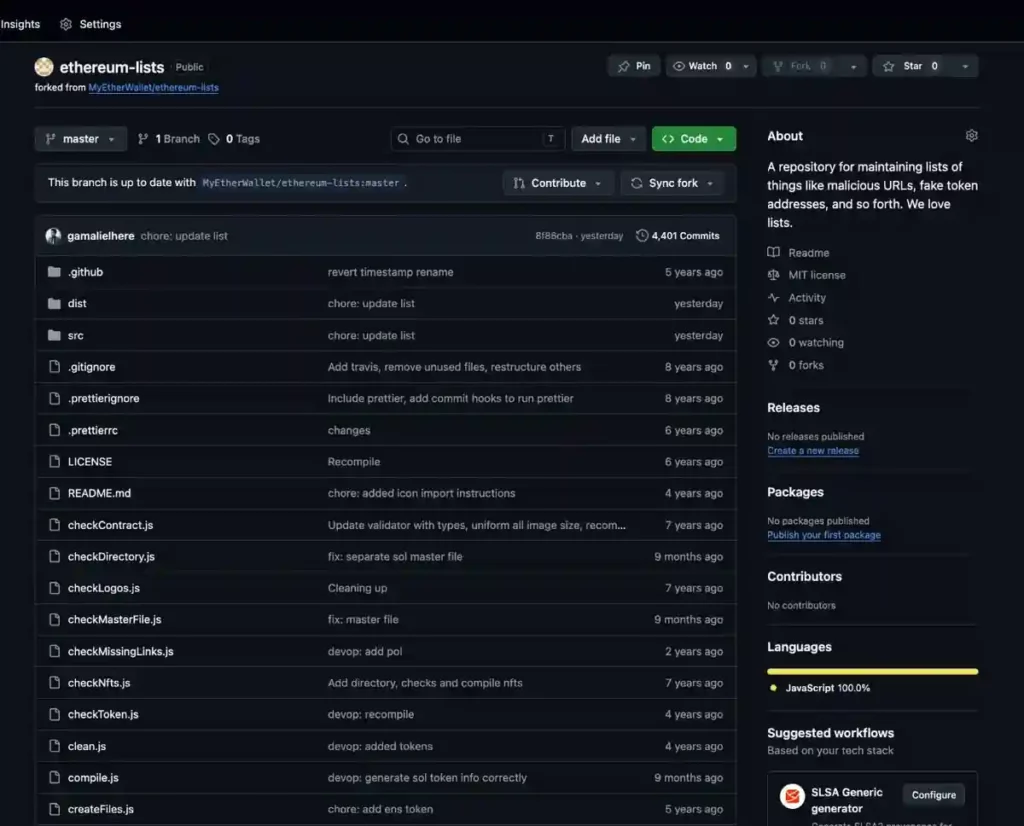 Dedicated BSC token branch selected inside the MEW GitHub repository