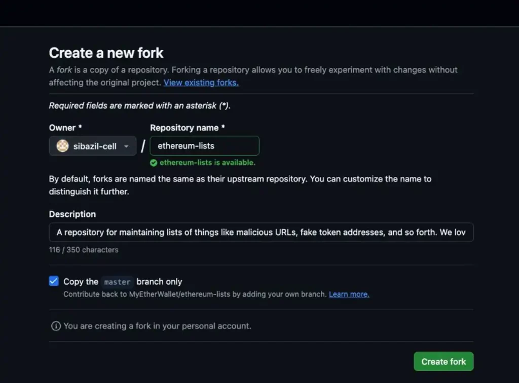 GitHub Create a new fork page for the MEW ethereum-lists repository