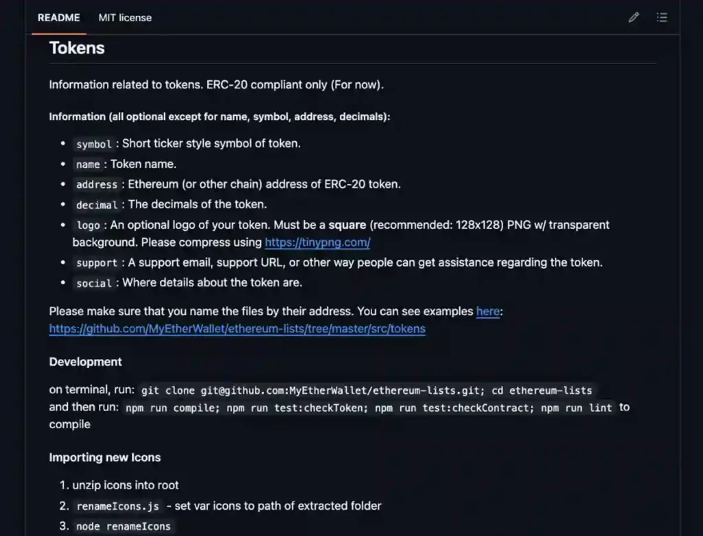 MEW ethereum-lists README showing required token metadata and the recommended 128 by 128 PNG logo