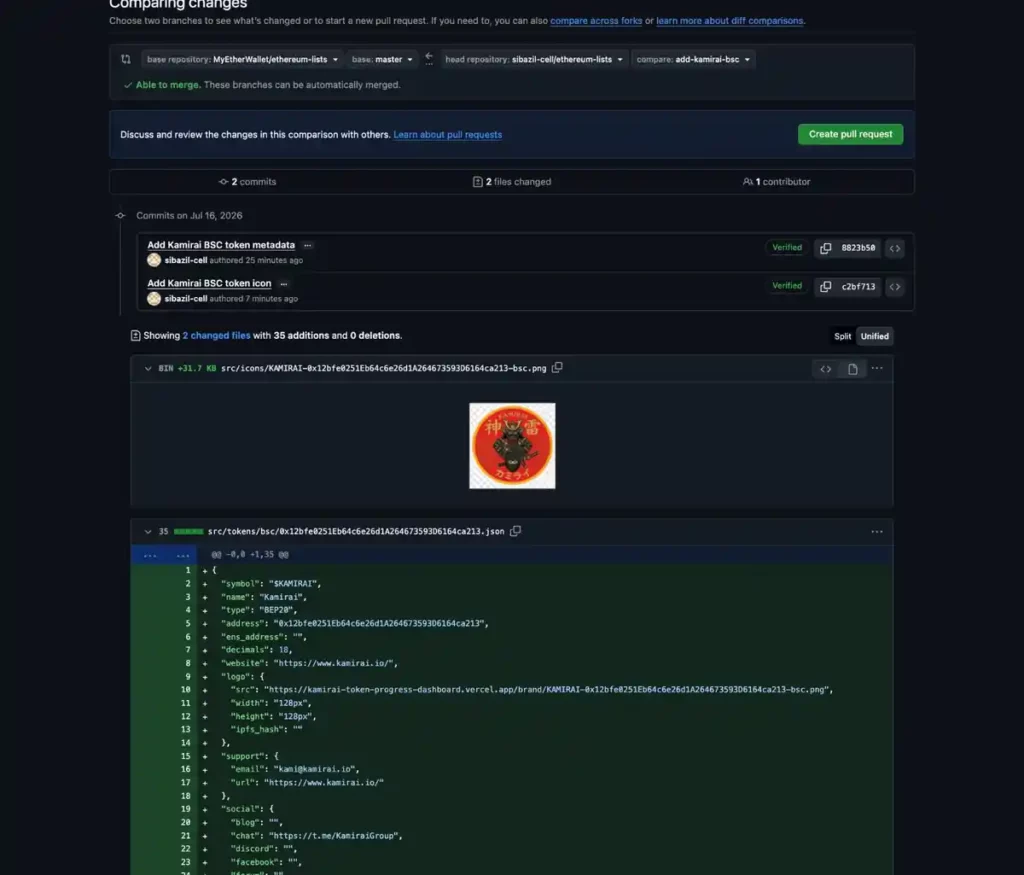 GitHub comparison showing the BSC token metadata file and repository icon changes