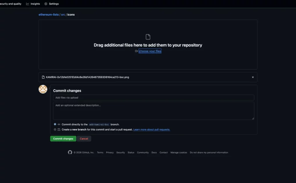 GitHub file upload page for adding a BSC token PNG to the MEW icons directory