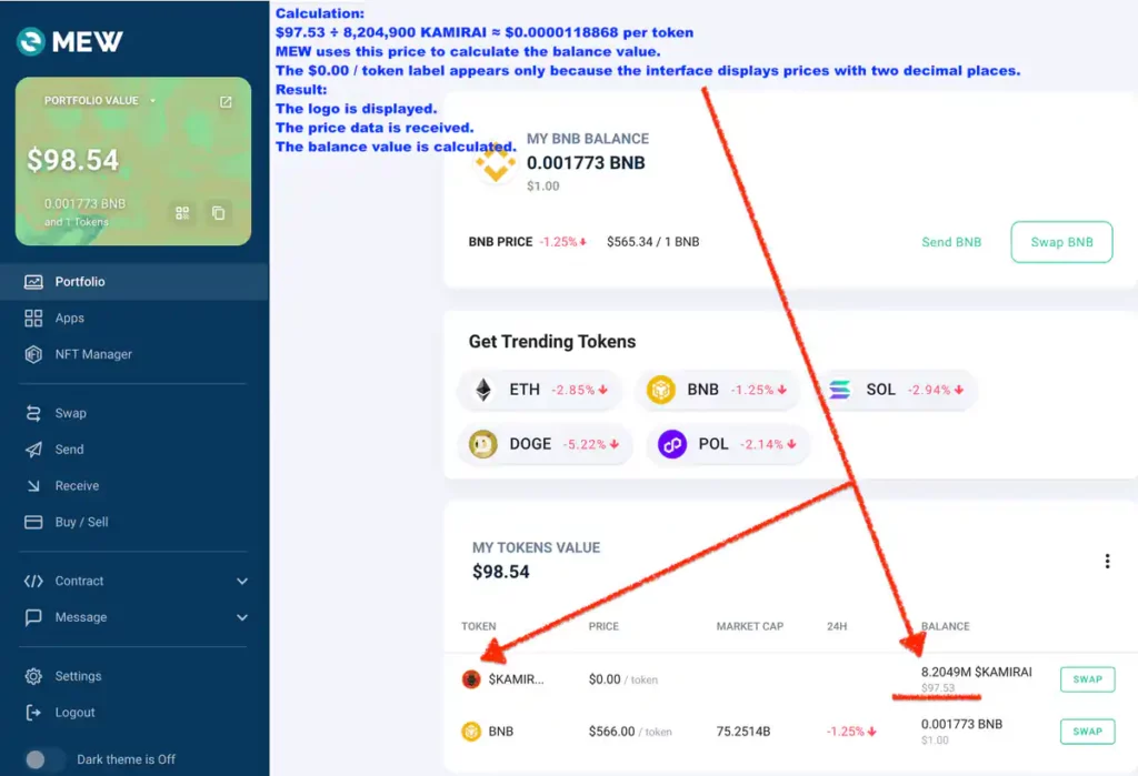 Annotated MEW portfolio showing a token logo and $97.53 dynamic balance value for 8,204,900 tokens
