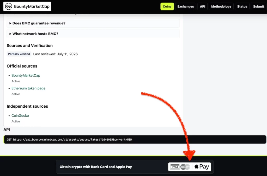 Example of buying crypto with bank cards.