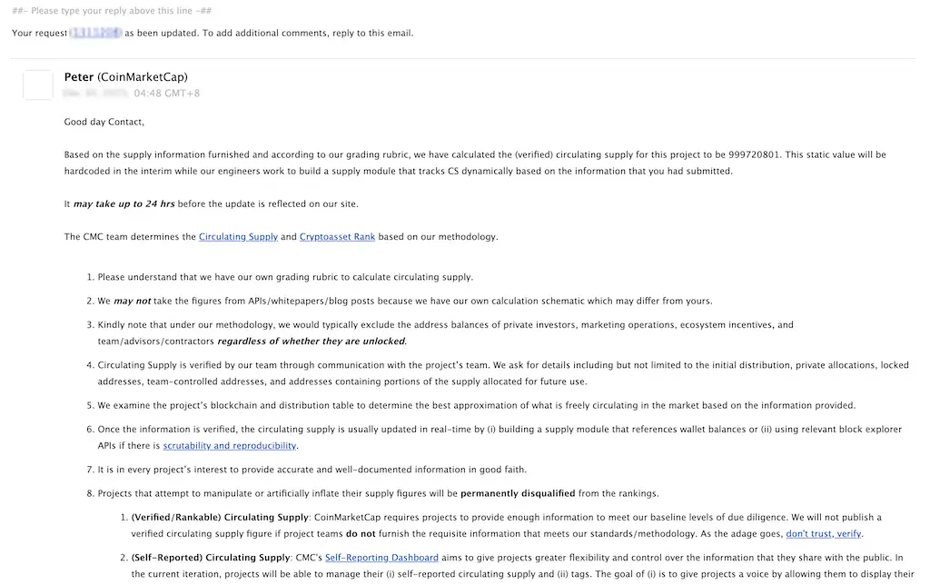 Circulating supply well done confirmation letter from CMC