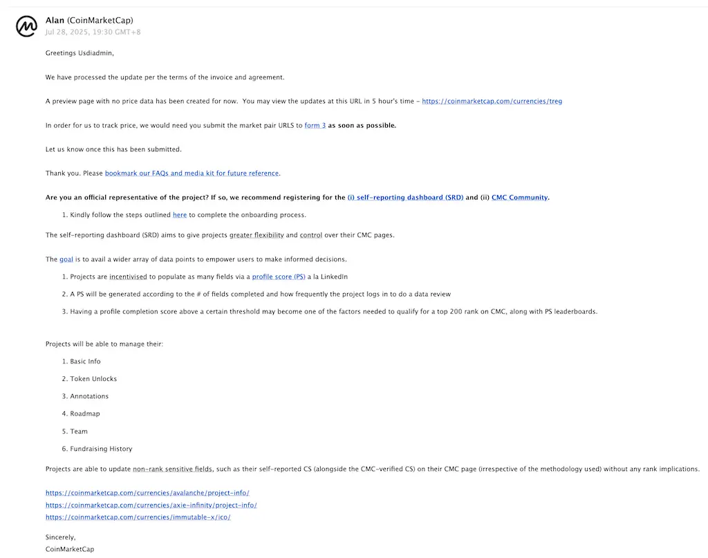Additional letter from Coinmarketcap asking to submit Add Market form 3