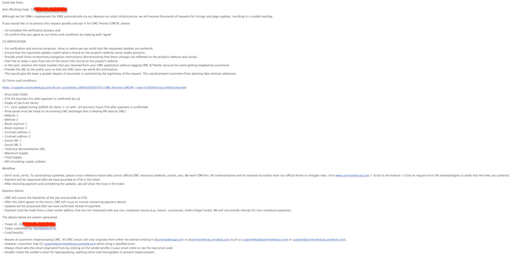 CoinMarketCap listing update verification email before payment 1st letter from CMC priority support.