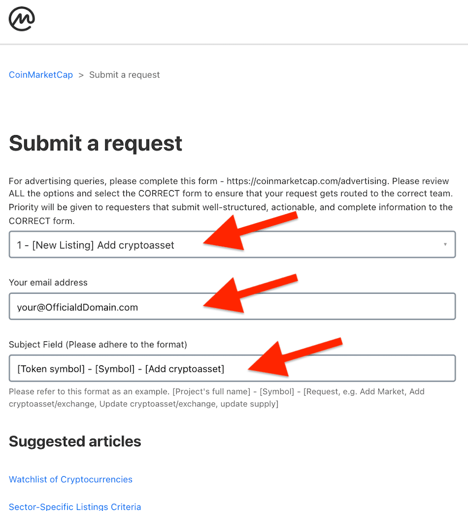 Filling out the form to list token on CoinMarketCap