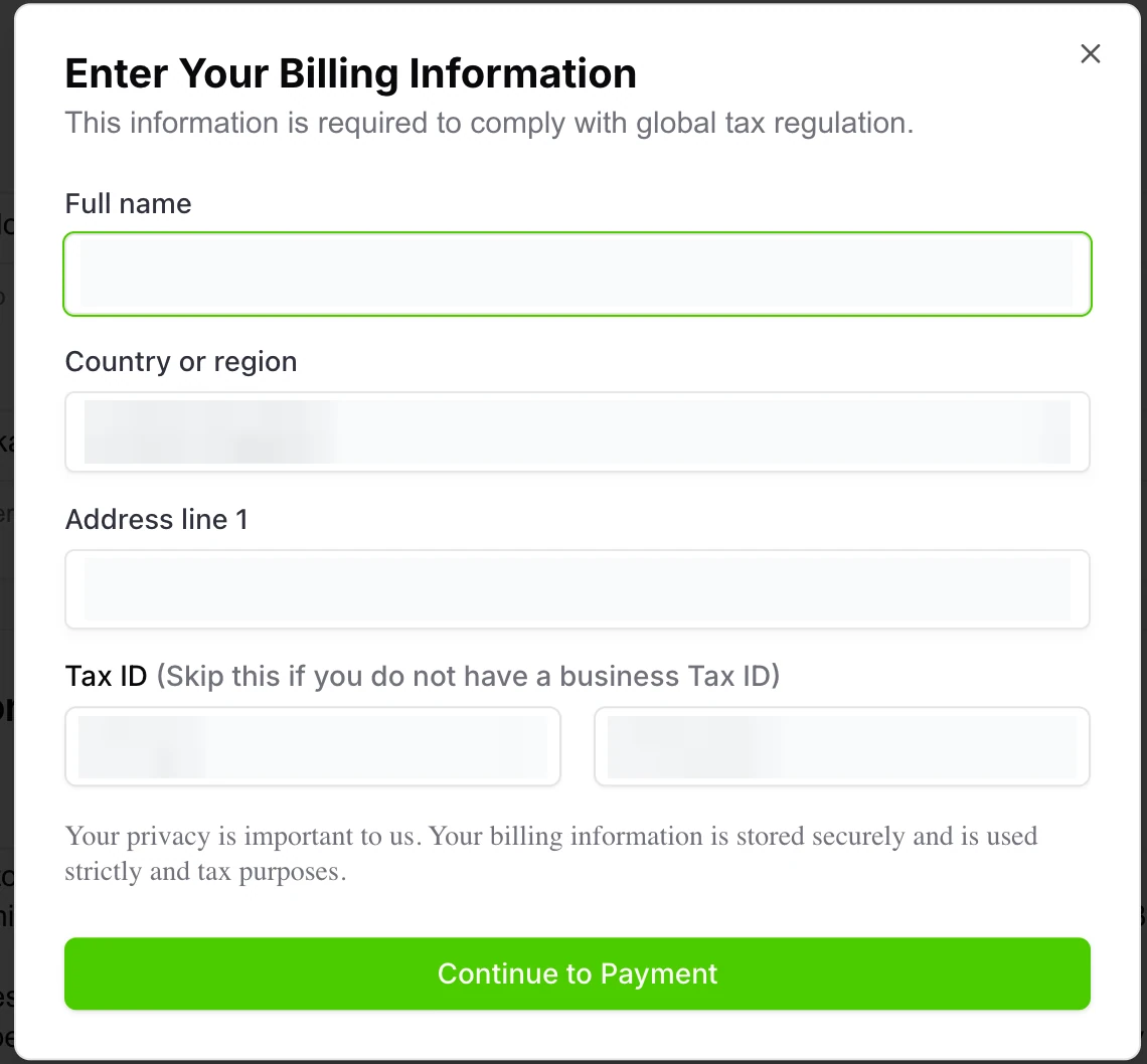CoinGecko Fast Pass billing information modal with full name, country, address, and tax ID fields
