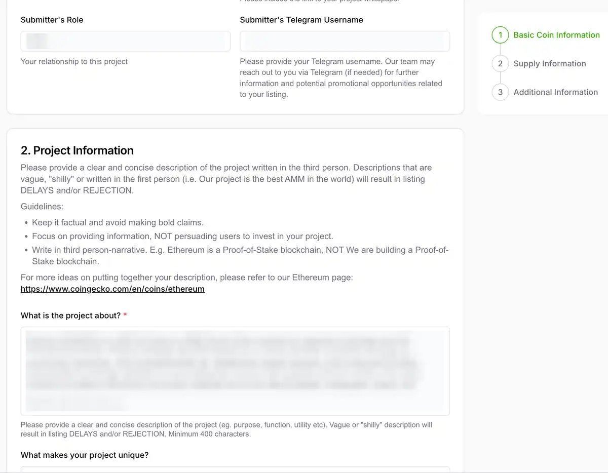 CoinGecko listing form project information section with submitter role, Telegram username, and project description field