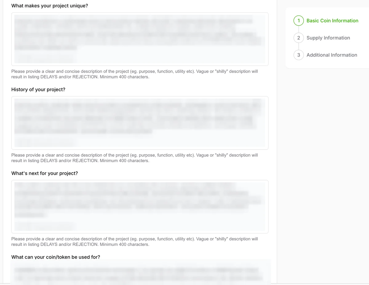 CoinGecko project information fields for uniqueness, project history, roadmap, and token use case