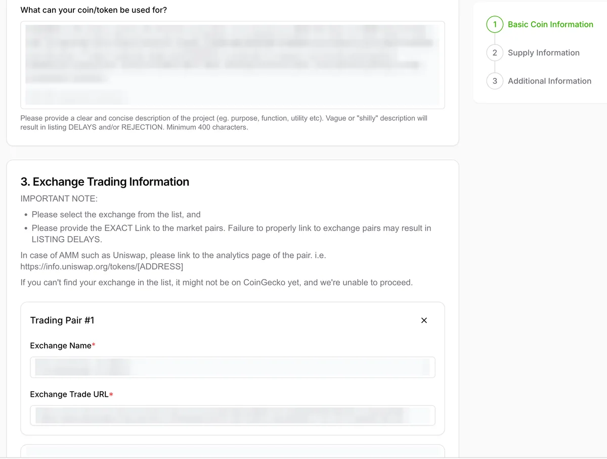 CoinGecko exchange trading information section with trading pair exchange name and trade URL fields