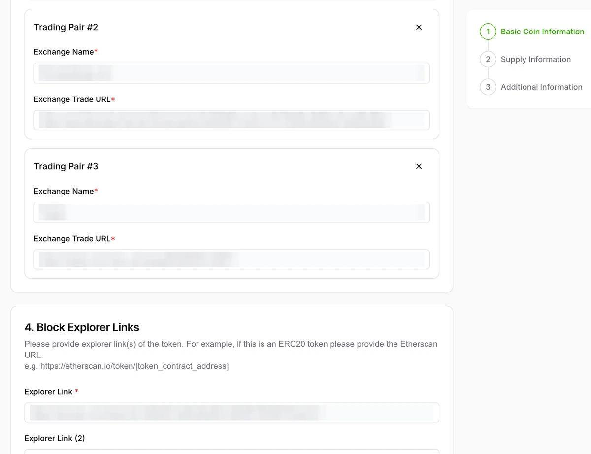 CoinGecko trading pair fields and block explorer link section