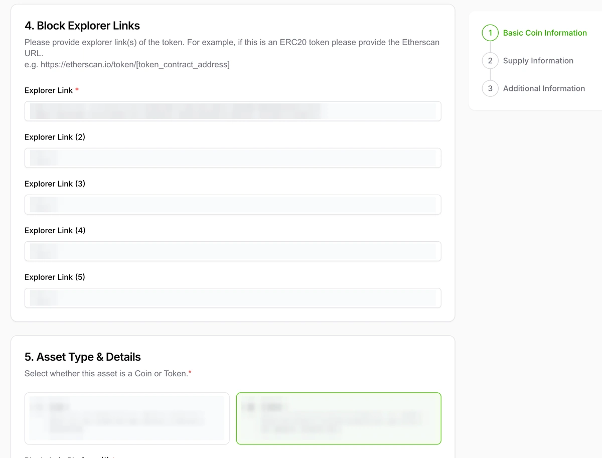 CoinGecko block explorer links section and asset type selection
