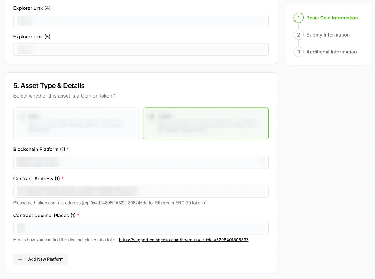 CoinGecko asset type and token contract details section