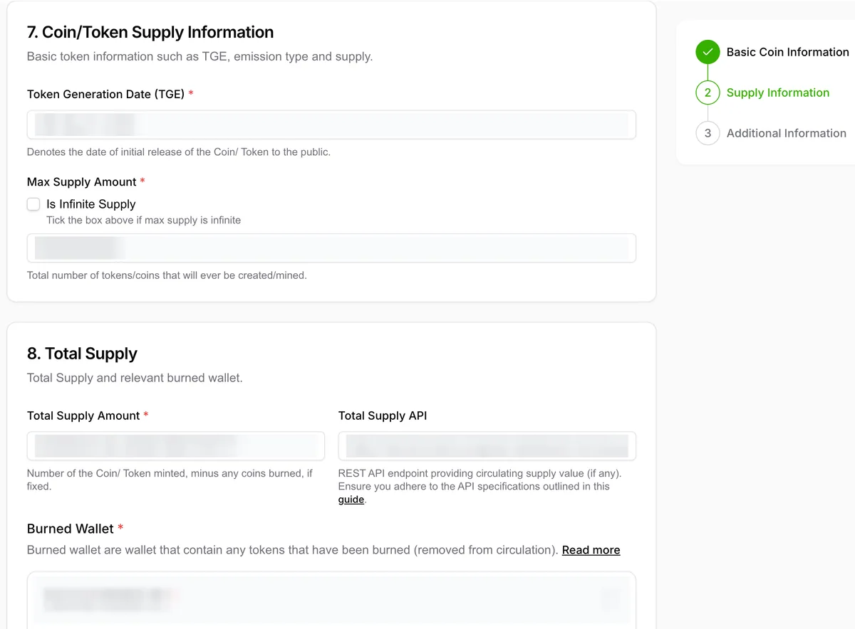 CoinGecko token supply fields for TGE date, max supply, total supply, total supply API, and burned wallet