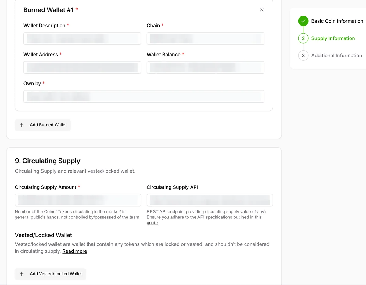 CoinGecko burned wallet and circulating supply fields