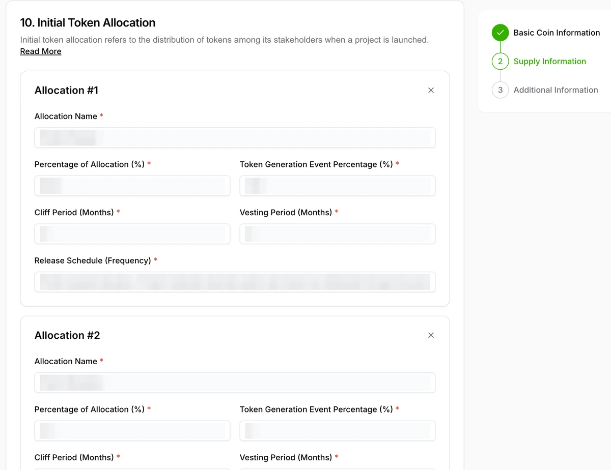 CoinGecko initial token allocation fields with allocation percentage, TGE percentage, cliff, vesting, and release schedule