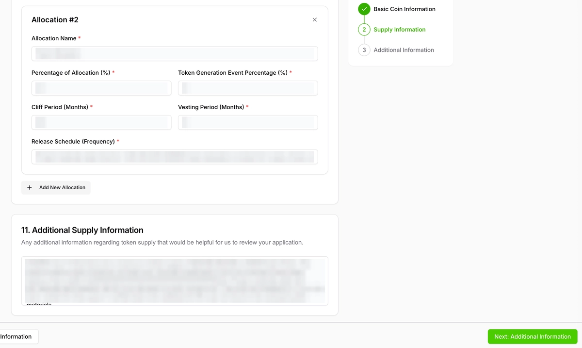 CoinGecko additional supply information field and next step button