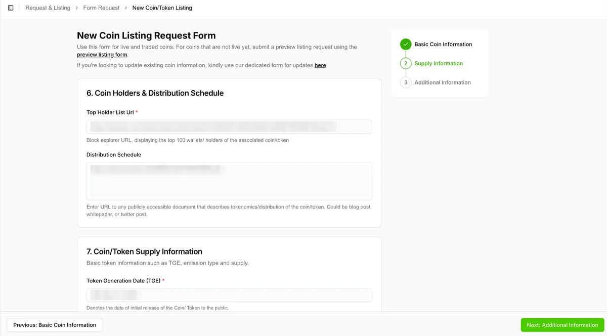 CoinGecko supply information step with holder list, distribution schedule, and token generation date fields