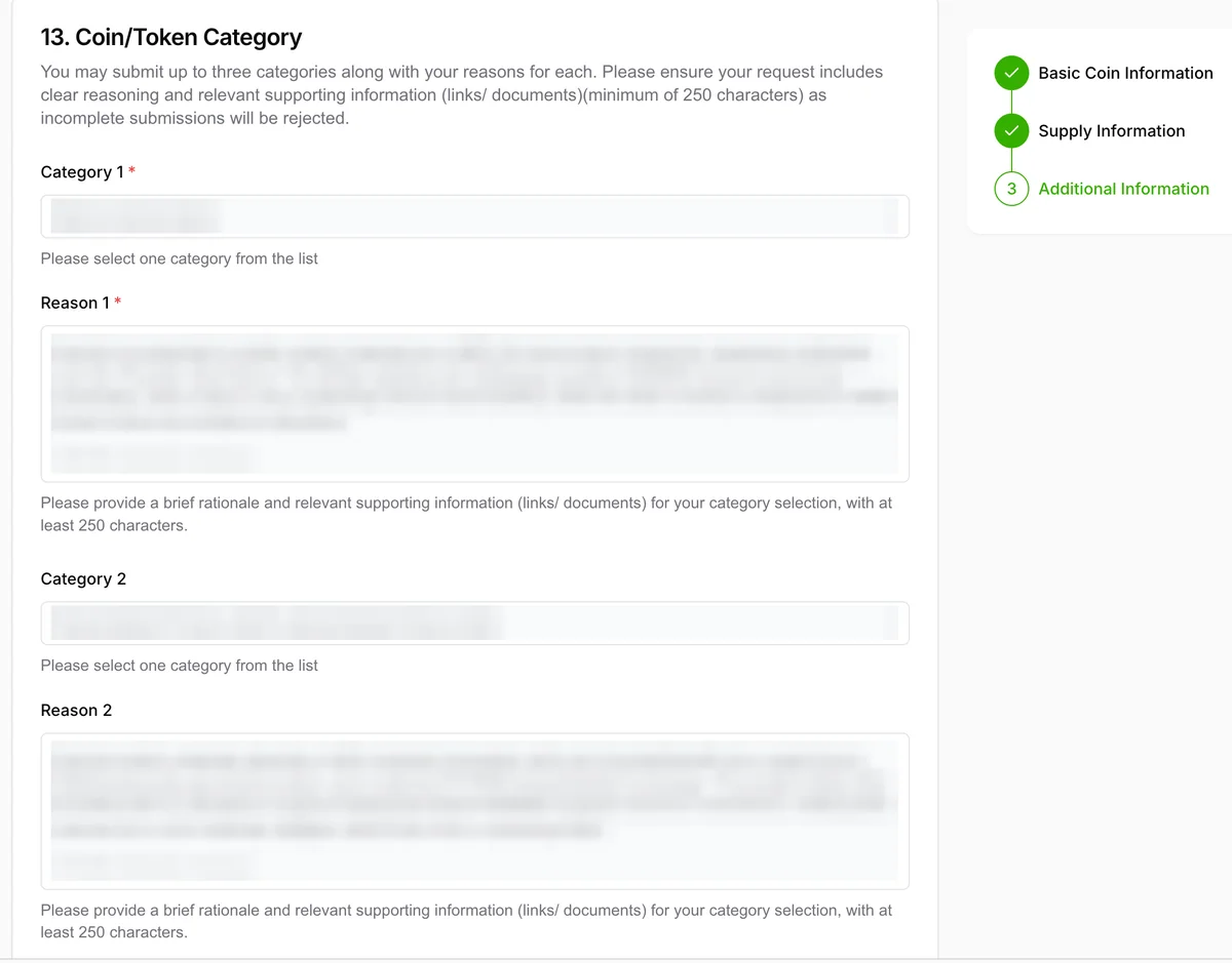 CoinGecko coin or token category section with category and reason fields