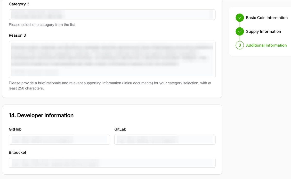 CoinGecko category reason and developer information fields