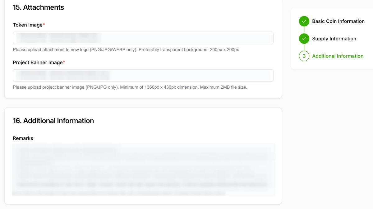 CoinGecko attachments and additional remarks section