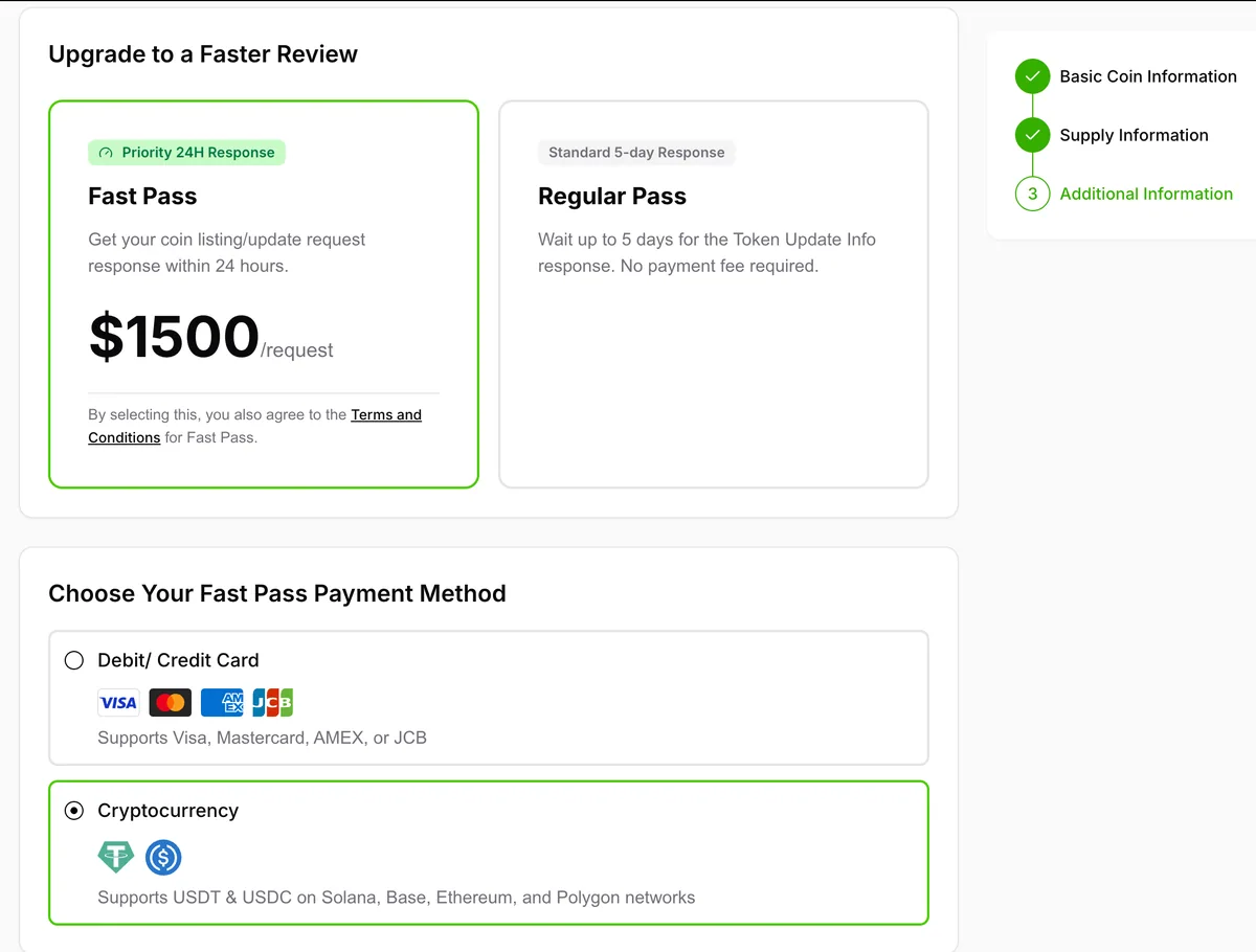 CoinGecko faster review upgrade with Fast Pass and payment method options