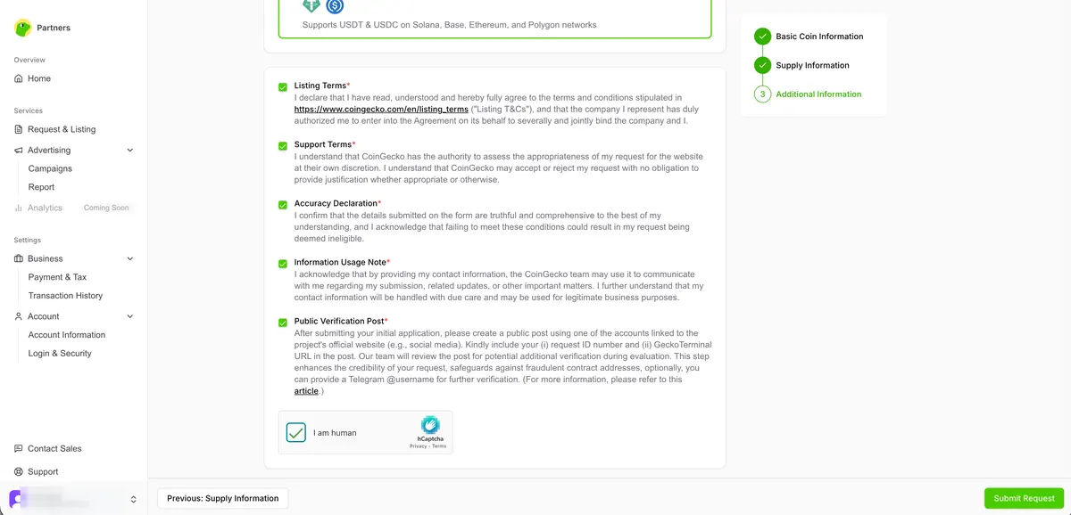 CoinGecko final submission terms, declarations, public verification post requirement, and hCaptcha