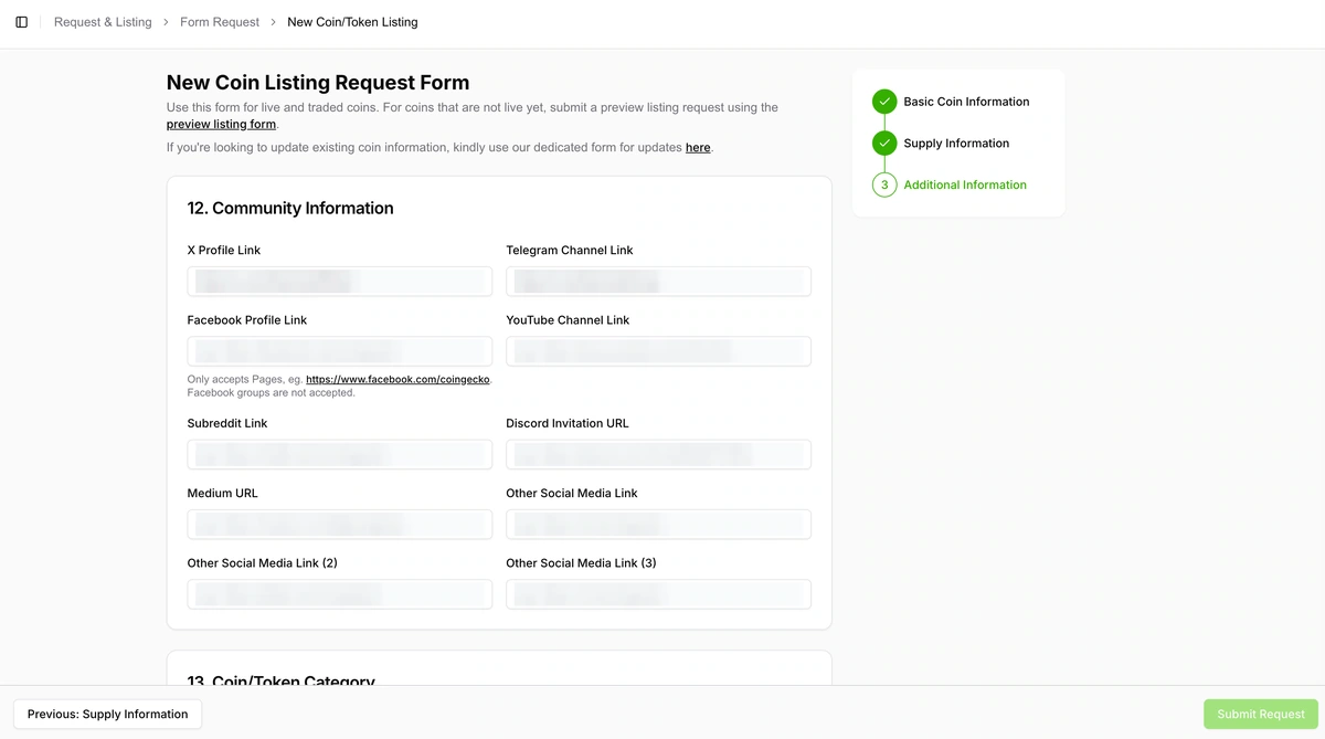 CoinGecko community information section with social media and community link fields