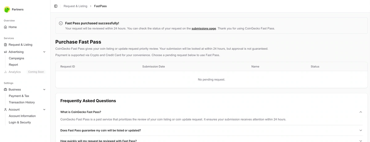 CoinGecko Fast Pass purchased successfully confirmation page