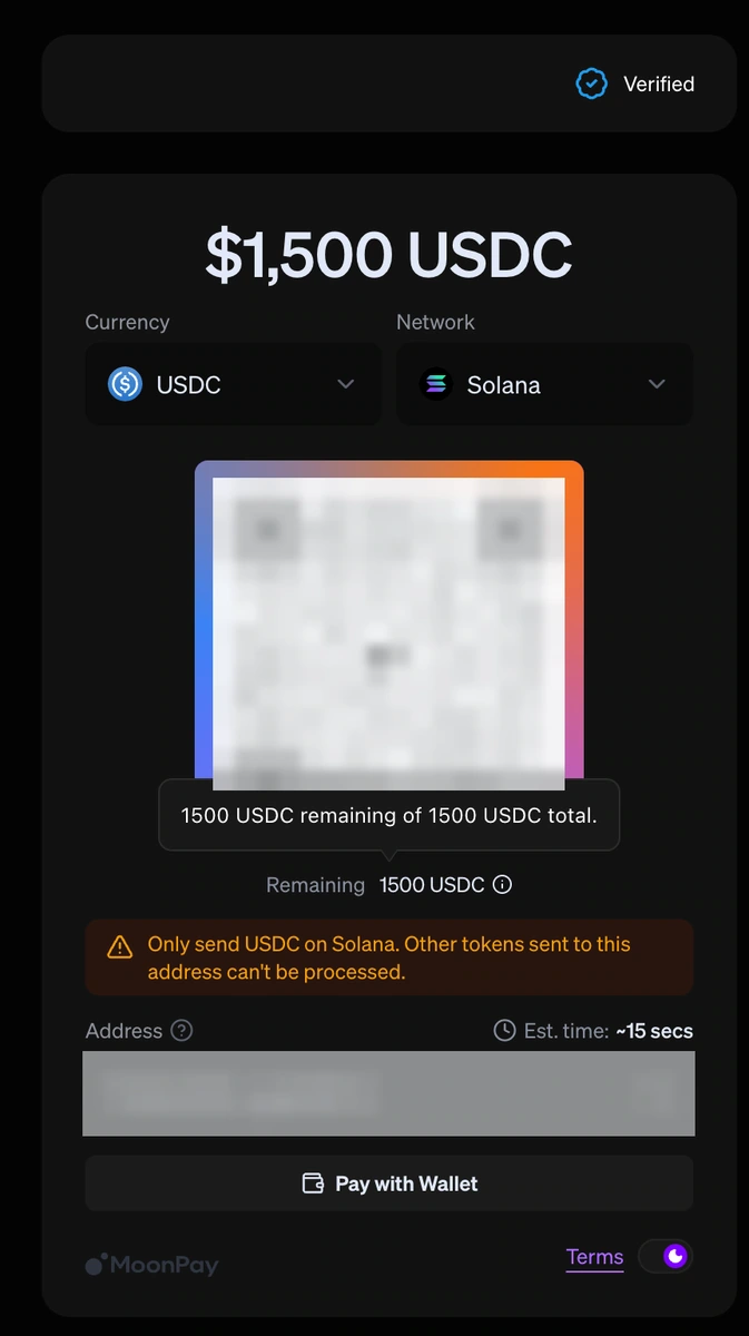MoonPay payment screen for CoinGecko Fast Pass showing 1500 USDC on Solana