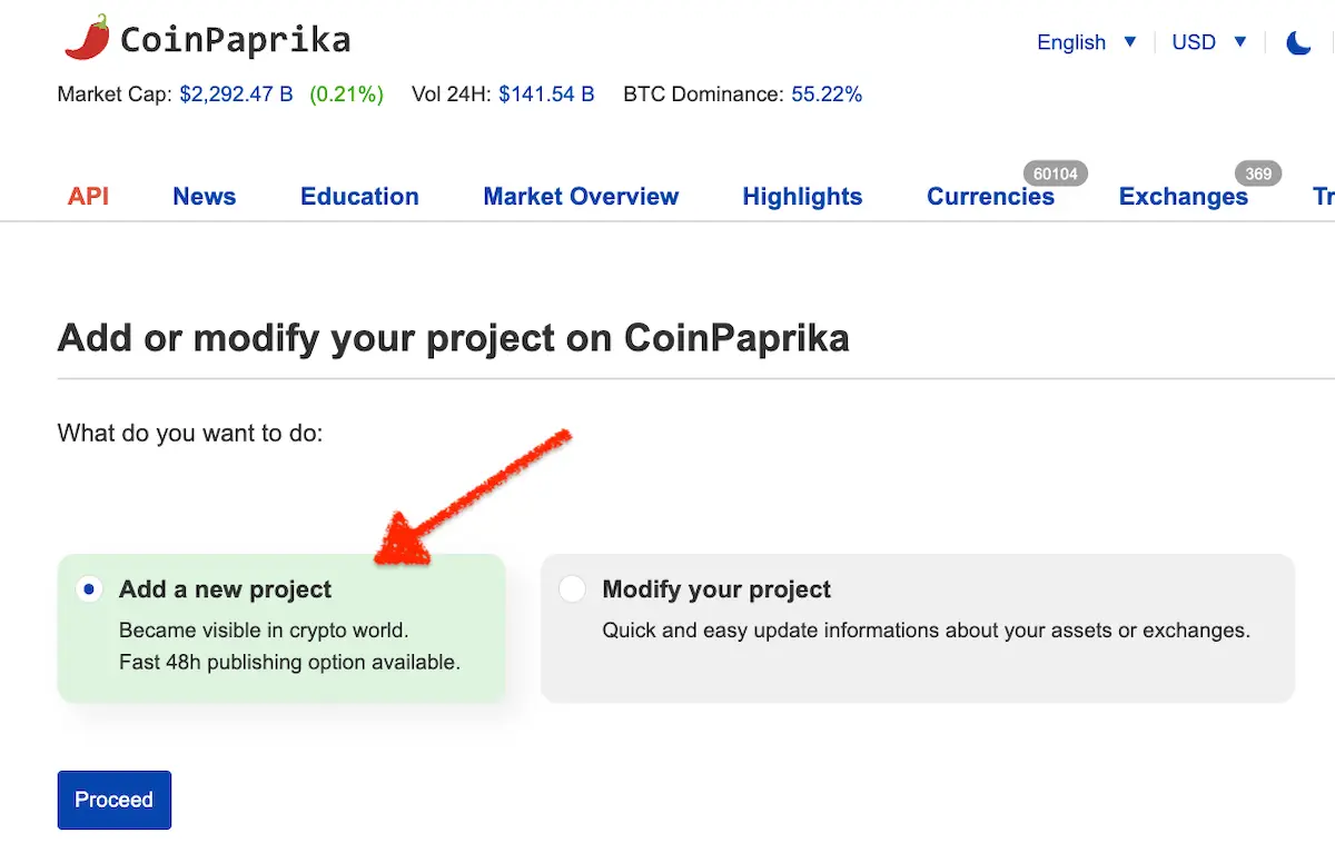 CoinPaprika add project page with Add a new project selected