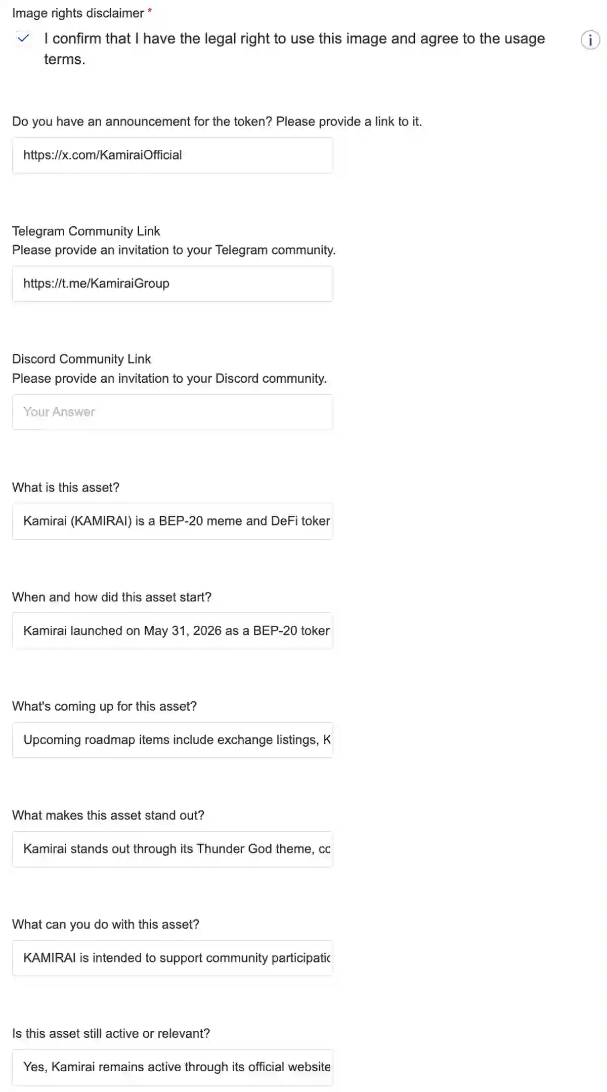 CoinPaprika fields for image rights, announcement link, Telegram community and asset description