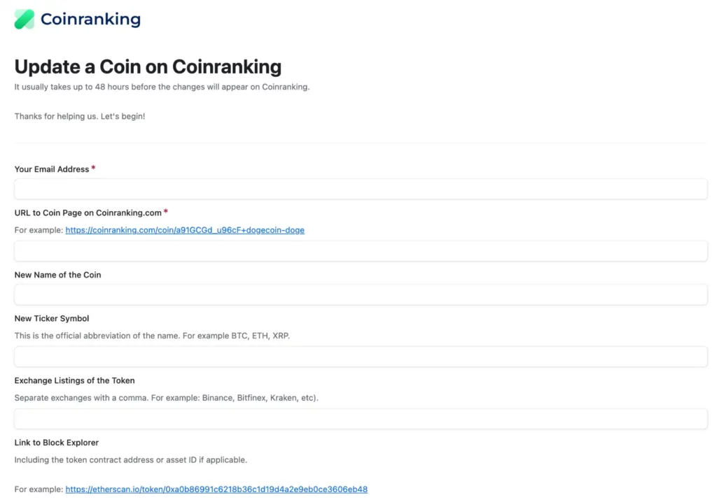 Coinranking update coin form with email, coin URL, name, ticker, exchange listings, and block explorer fields.