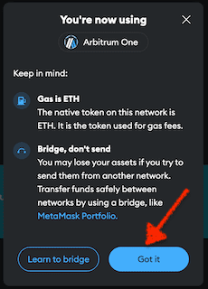 MetaMask confirmation that Arbitrum is now in use